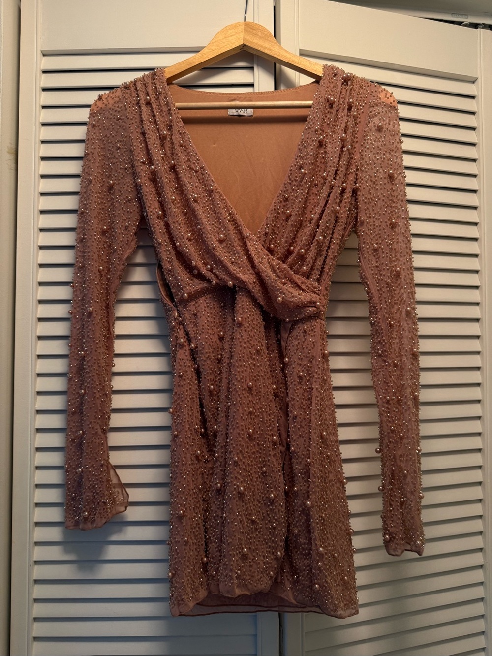 Oh Polly Embellished Long-Sleeve Wrap Mini Dress in Dusty Rose